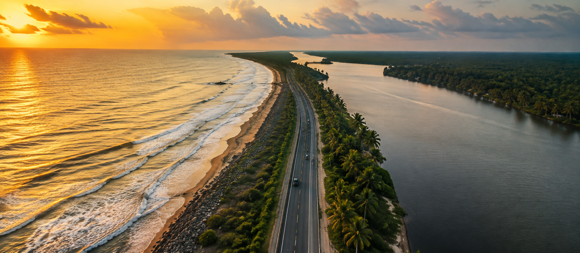 NH66 highway between sea and river, Maravanthe, Karnataka