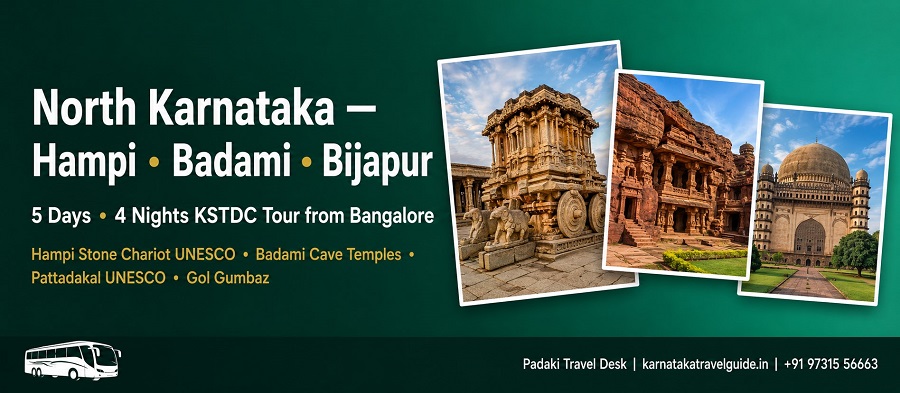 North Karnataka heritage tour collage — Hampi Stone Chariot, Badami Cave Temples, Pattadakal, Gol Gumbaz Bijapur