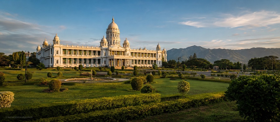 Lalitha Mahal Palace Hotel Mysore — grand white colonial palace at golden hour