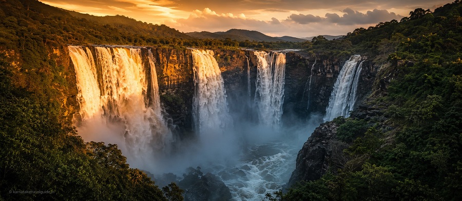 Hotel Mayura Gerusoppa Jog Falls — view of the four cascades from the hotel premises, Sharavathi River
