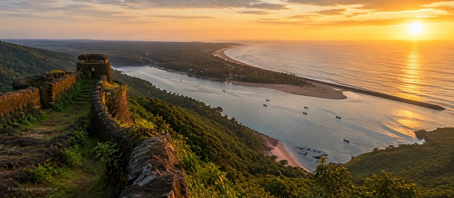 Sadashivgad Sea View Resort — hilltop fort panorama over Kali river estuary and Arabian Sea