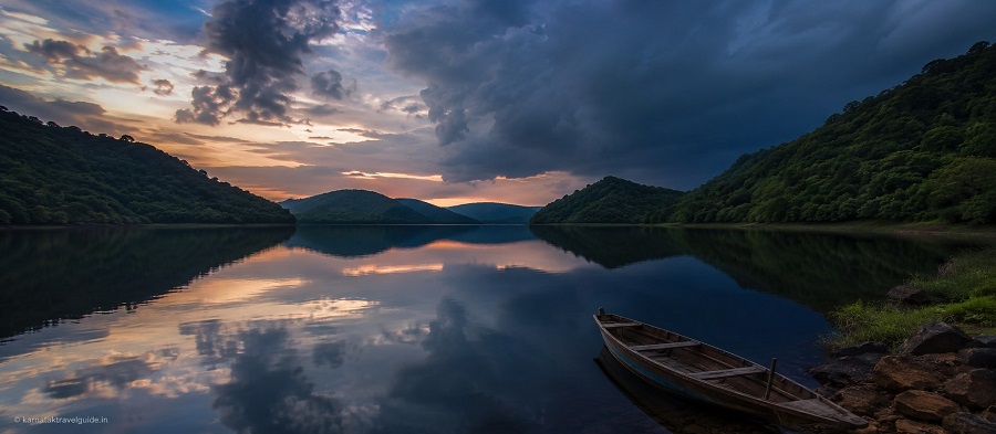 Sharavathi Adventure Camp — Linganamakki reservoir backwaters at dusk Karnataka