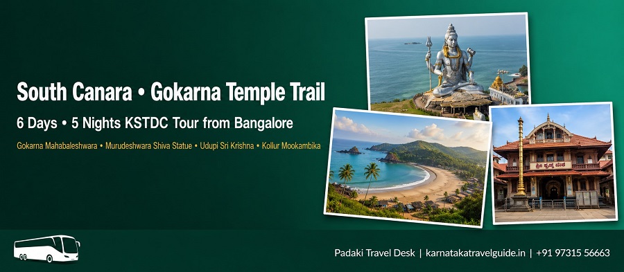 South Canara Gokarna Temple Tour collage — Murudeshwara, Udupi Krishna, Gokarna OM Beach, Dharmasthala, Kukke Subramanya