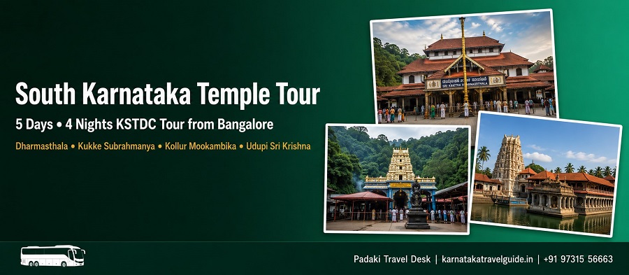South Karnataka Temple Tour collage — Annapurneshwari, Murudeshwara, Udupi Krishna, Dharmasthala, Kukke Subramanya