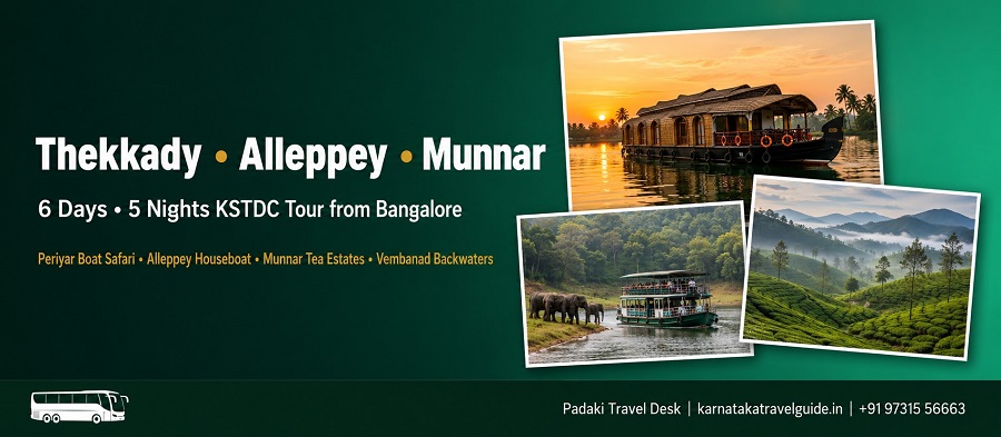 Thekkady Alleppey Munnar Kerala tour — Periyar boat safari, Alleppey houseboat, Munnar tea estates